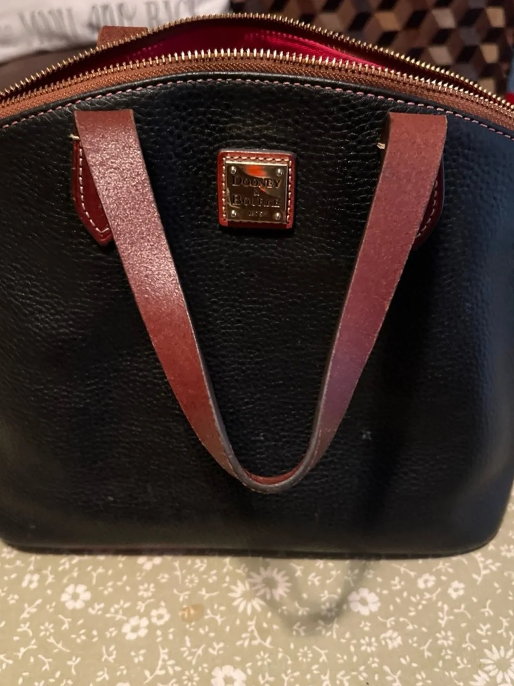 Dooney & Bourke Black Satchel with Red-Brown Handles